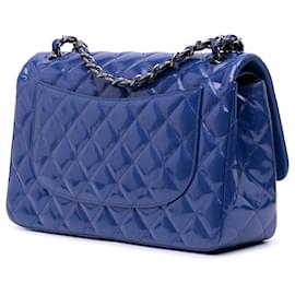 Chanel-Chanel Blue Jumbo Classic Patent Double Flap-Blue