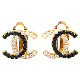 Chanel-Chanel Gold Gold Plated CC Faux Pearl and Rhinestones Clip On Earrings-Golden