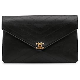 Chanel-Chanel Black CC Chevron Calfskin Envelope Clutch-Black