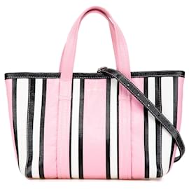 Balenciaga-Balenciaga Rose Petit Sac Shopper Barbes Est-Ouest en Cuir d'Agneau Rayé-Rose