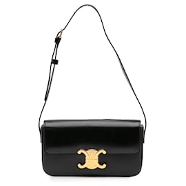 Céline-Celine Black Shiny Calfskin Triomphe Claude Shoulder Bag-Black
