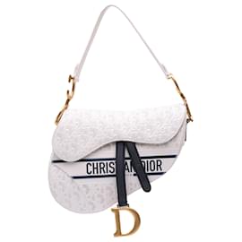 Dior-Dior White Perforated Oblique Embossed Calfskin Saddle Bag-White,Other