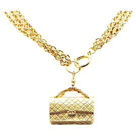 Chanel-Chanel Gold Gold Plated Multi Chain Flap Bag Pendant Necklace-Golden