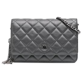 Chanel-Chanel Gray Quilted Aged Calfskin Tassel Wallet On Chain-Brown,Dark grey