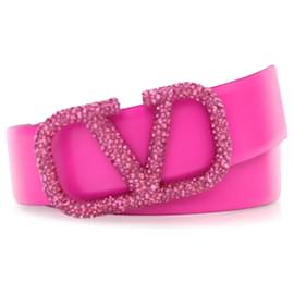Valentino-Valentino Pink Leather Crystal VLogo Belt-Pink