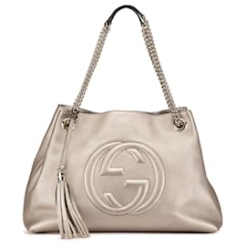 Gucci-Gucci Silver Medium Leather Soho Chain Tote-Silvery