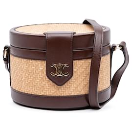 Céline-Celine Brown Medium Raffia and Calfskin Triomphe Tambour Vanity Bag-Brown,Beige