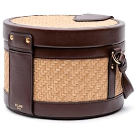 Céline-Celine Brown Medium Raffia and Calfskin Triomphe Tambour Vanity Bag-Brown,Beige