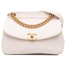 Chanel-Chanel White Quilted Lambskin Curved Flap-White,Cream