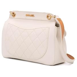 Chanel-Chanel White Quilted Lambskin Curved Flap-White,Cream