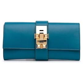 Hermès-Hermès Blue Tadelakt Medor Clutch 23-Blue,Turquoise