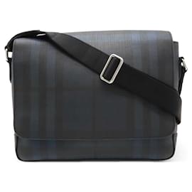 Burberry-Sac messager à carreaux fumés Burberry en cuir PVC-Bleu