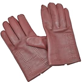 Hermès-Hermes Bordeaux Red Leather Short Gloves-Red,Dark red