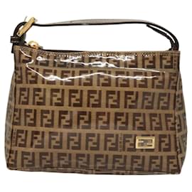 Fendi-FENDI Zucchino Canvas Accessory Pouch Enamel Brown Gold Auth 120100-Brown,Golden