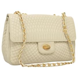 Bally-BALLY Quilted Chain Shoulder Bag Leather White Gold Auth BA1087-White,Golden