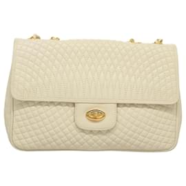 Bally-BALLY Quilted Chain Shoulder Bag Leather White Gold Auth BA1087-White,Golden