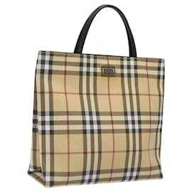 Burberry-BURBERRY Nova Check Hand Bag PVC Leather Beige Silver Auth BA1304-Silvery,Beige