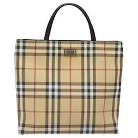 Burberry-BURBERRY Nova Check Hand Bag PVC Leather Beige Silver Auth BA1304-Silvery,Beige