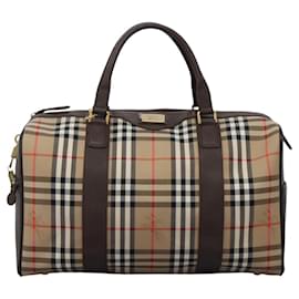 Autre Marque-Burberrys Nova Check Boston Bag Canvas Beige Gold Auth 119686-Beige,Golden