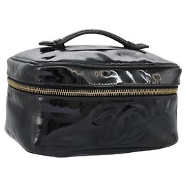 CHANEL COCO Marca Pouch Vanity Pelle Patinata Nera Oro CC Auth 118334 Nero D'oro