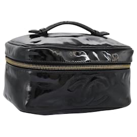 Chanel-CHANEL COCO Mark Vanity Pouch Patent Leather Black Gold CC Auth 118334-Black,Golden