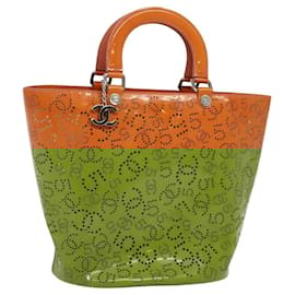 Chanel-CHANEL Hand Bag Patent leather Orange CC Auth 116336-Orange