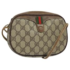 Gucci-GUCCI GG Supreme Web Sherry Line Shoulder Bag PVC Leather Beige Gold Auth BA1092-Beige,Golden