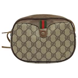 Gucci-GUCCI GG Supreme Web Sherry Line Shoulder Bag PVC Leather Beige Gold Auth BA1092-Beige,Golden