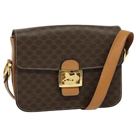 Céline-CELINE Macadam Canvas Horse Carriage Shoulder Bag PVC Brown Gold Auth 120370-Brown,Golden