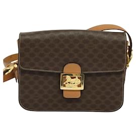 Céline-CELINE Macadam Canvas Horse Carriage Shoulder Bag PVC Brown Gold Auth 120370-Brown,Golden