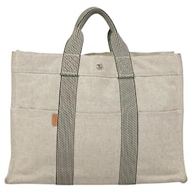 Hermès-HERMES Nouveau Fourre Tout MM Sac à Main Toile Blanc Argent Auth 119582-Argenté,Blanc