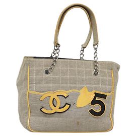 CHANEL Sac Tote Choco Bar Toile Beige Jaune CC Auth 116301 Beige Jaune