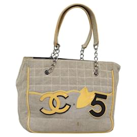 Chanel-CHANEL Choco Bar Tote Bag Canvas Beige Yellow CC Auth 116301-Beige,Yellow