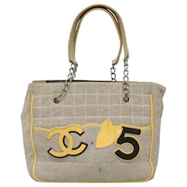 Chanel-CHANEL Choco Bar Tote Bag Canvas Beige Yellow CC Auth 116301-Beige,Yellow