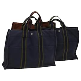 Hermès-HERMES Fourre Tout MM Hand Bag Canvas 3Set Navy Brown Auth ti3025-Brown,Navy blue