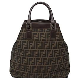 Fendi-FENDI Zucca Canvas Tote Bag Black Brown gold Auth bs24709-Brown,Black,Golden