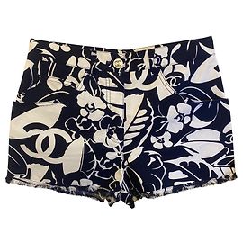 Chanel 2021 Coco Beach Mini Baumwollshorts Navy Blau Weiß FR 38 Weiß Marineblau