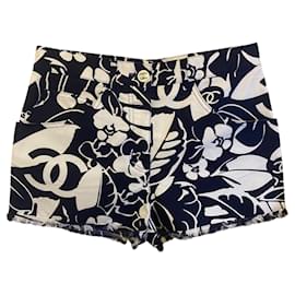 Chanel-Chanel 2021 Coco Beach Navy Blue White Mini Cotton Shorts FR 38-White,Navy blue
