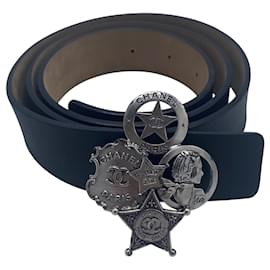 Chanel-Ceinture en cuir noir Chanel 14A Paris Dallas Taille 95/38-Noir,Bijouterie argentée
