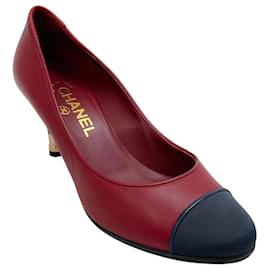 Chanel-Chanel Burgundy Leather Pumps with Navy Grosgrain Cap Toe-Red