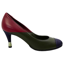 Chanel-Chanel Burgundy Leather Pumps with Navy Grosgrain Cap Toe-Red