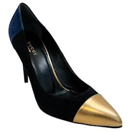 Gucci-Gucci Black / Navy Suede Pumps with Gold Leather Cap Toe-Black