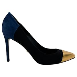 Gucci-Gucci Black / Navy Suede Pumps with Gold Leather Cap Toe-Black