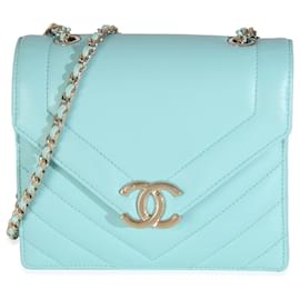 Chanel-Chanel Turquoise Chevron Calfskin Envelope Flap Bag-Blue