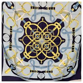 Hermès-Hermes Vintage Silk Scarf Eperon D'Or 1974 Henry D'Origny Blue-Blue