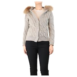 Brunello Cucinelli-Green chunky knit cardigan with fluffy hood - size XS/S-Green