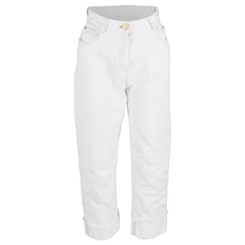 Balmain- Balmain Logo-Plaque Cropped Jeans in White Cotton-White,Cream