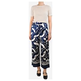 Autre Marque-Navy blue and cream silk printed trousers - size UK 8-Blue