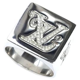 Louis Vuitton-Louis Vuitton Metal Rhinestone Berg Squared LV Strass Ring-Silvery