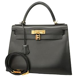 Hermès-Hermes Kelly 28 Handbag in Black Box Calf Leather-Black